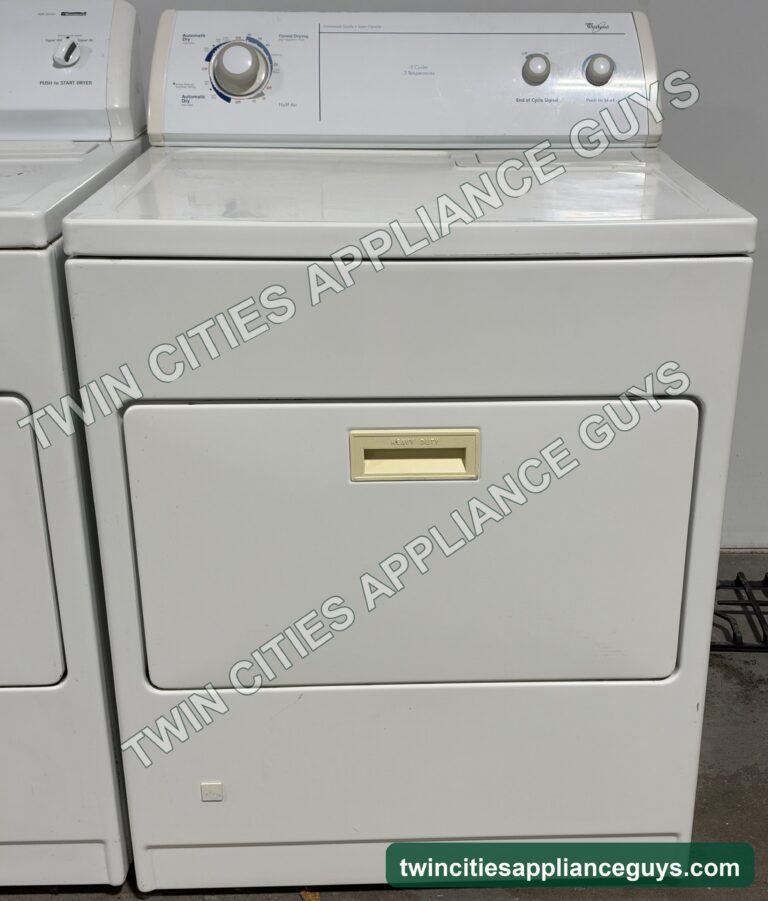 White Whirlpool gas dryer front view with the door closed and control panel