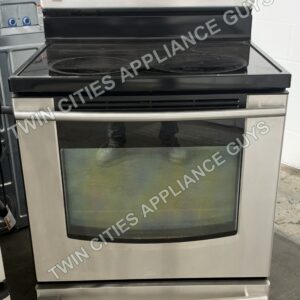 Stainless LG electric range front view with smoothtop cooktop and oven door closed