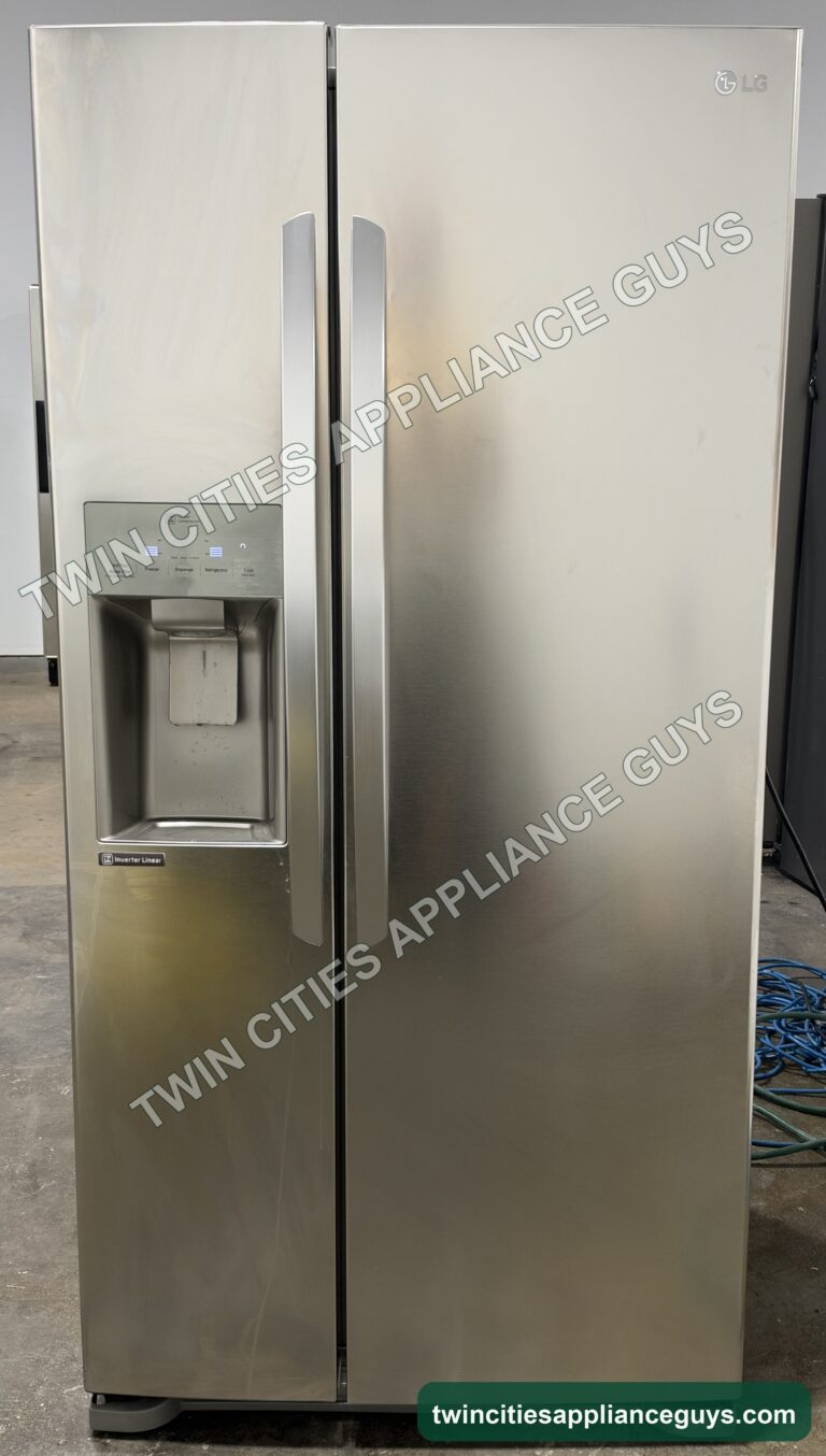 Stainless LG side-by-side refrigerator, front view with external ice and water dispenser
