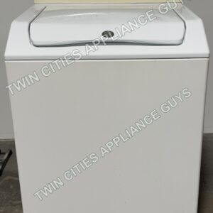 White Maytag top-load washer front view with the lid closed and control panel