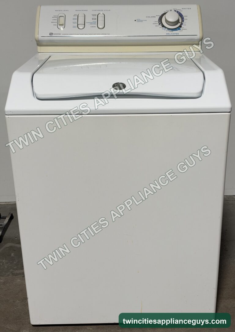 White Maytag top-load washer front view with the lid closed and control panel