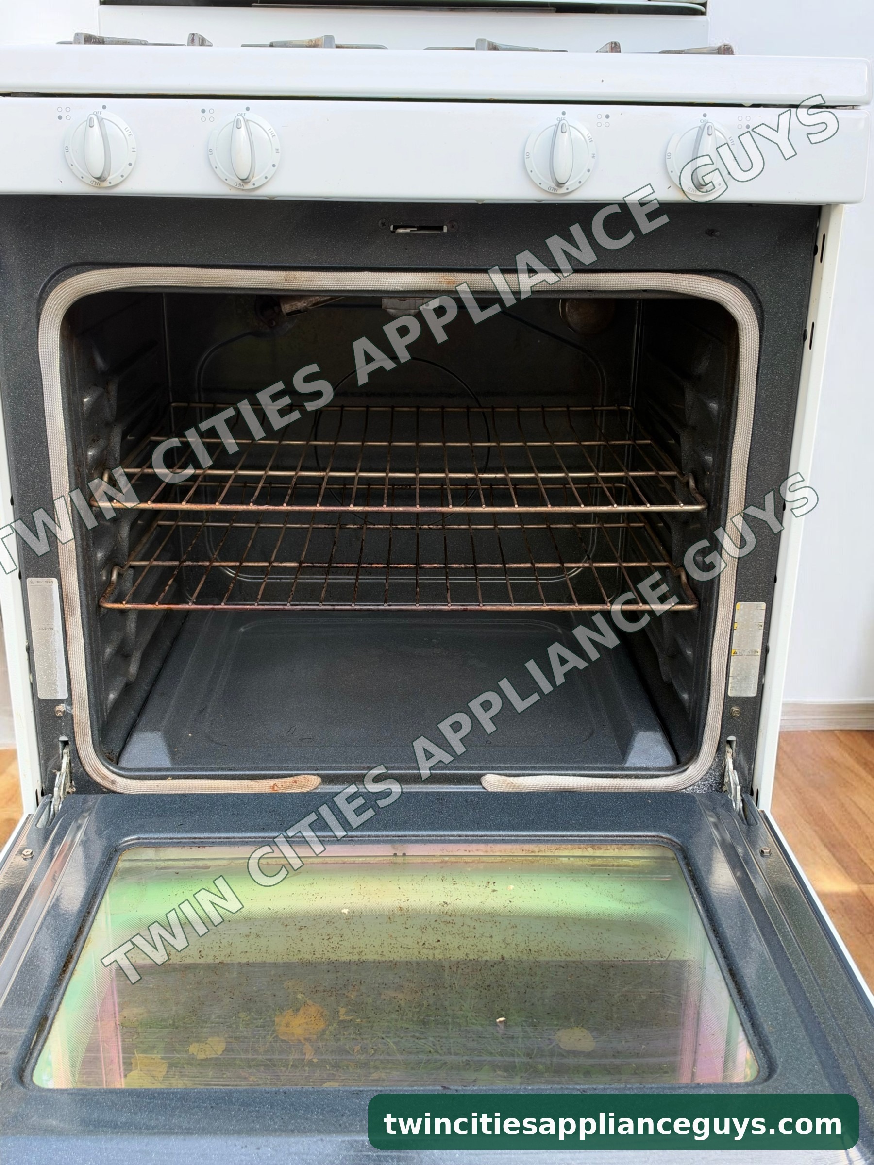 Maytag gas range with the oven door open showing two oven racks