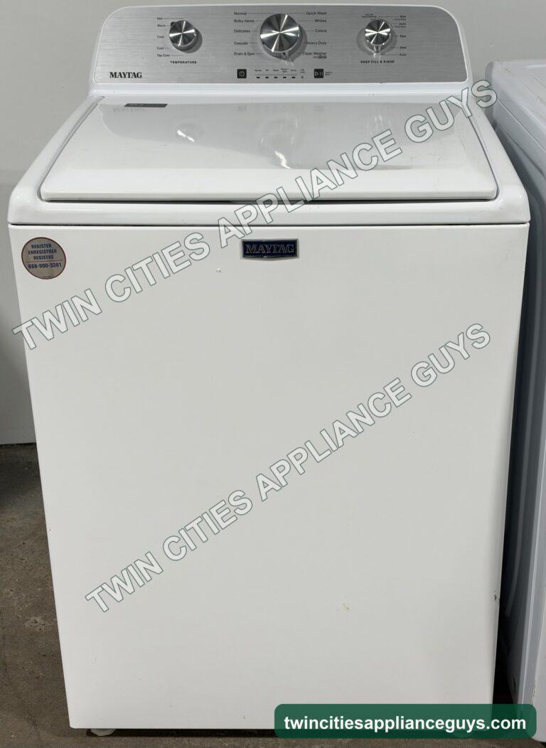 White Maytag top-load washer front view with the lid closed and control panel