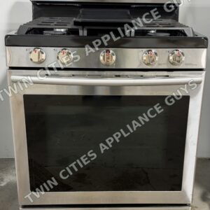 Stainless Samsung gas range front view with five burner knobs and the oven door closed