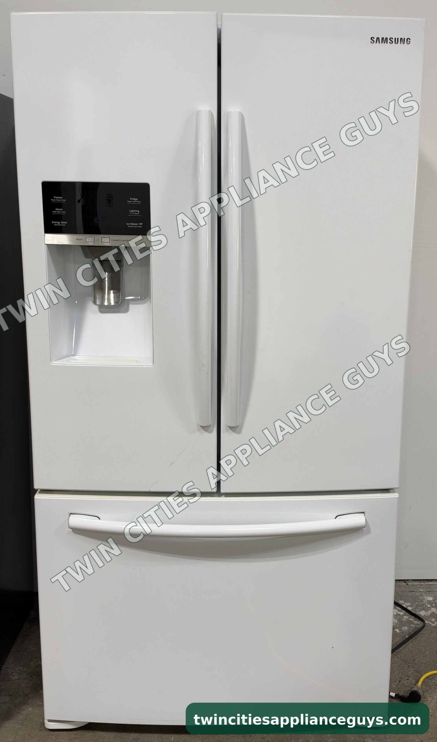 White Samsung French door refrigerator, front view