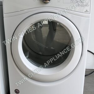 White Whirlpool front-load electric dryer, front view with the door closed