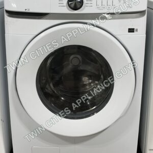 White Samsung front-load washer front view with the door closed and control panel