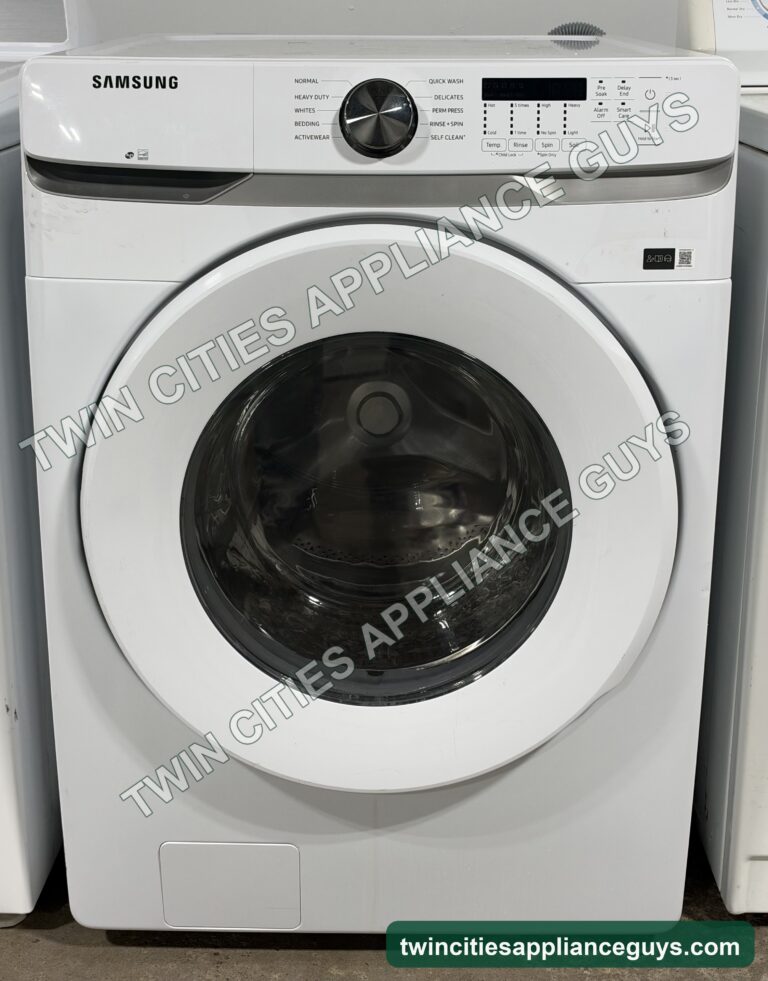 White Samsung front-load washer front view with the door closed and control panel