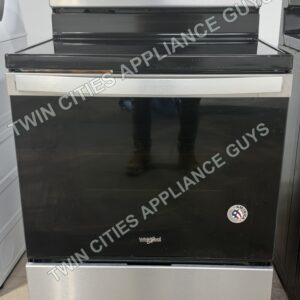 Stainless Whirlpool electric range front view with smoothtop cooktop and oven door closed