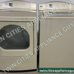Champagne GE Profile electric dryer and top-load washer side by side, front view