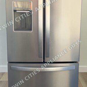 Whirlpool stainless steel French door refrigerator front view with doors closed