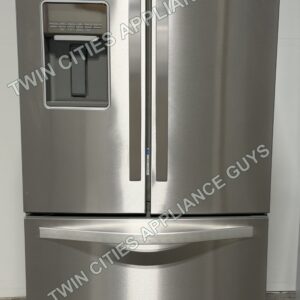 Stainless Whirlpool French door refrigerator front view with water dispenser and bottom freezer drawer