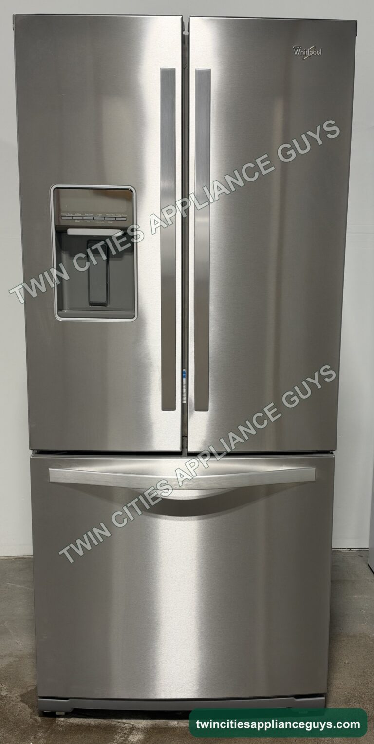 Stainless Whirlpool French door refrigerator front view with water dispenser and bottom freezer drawer