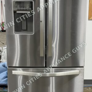 Stainless Whirlpool French door refrigerator, front view with exterior water dispenser and freezer drawer