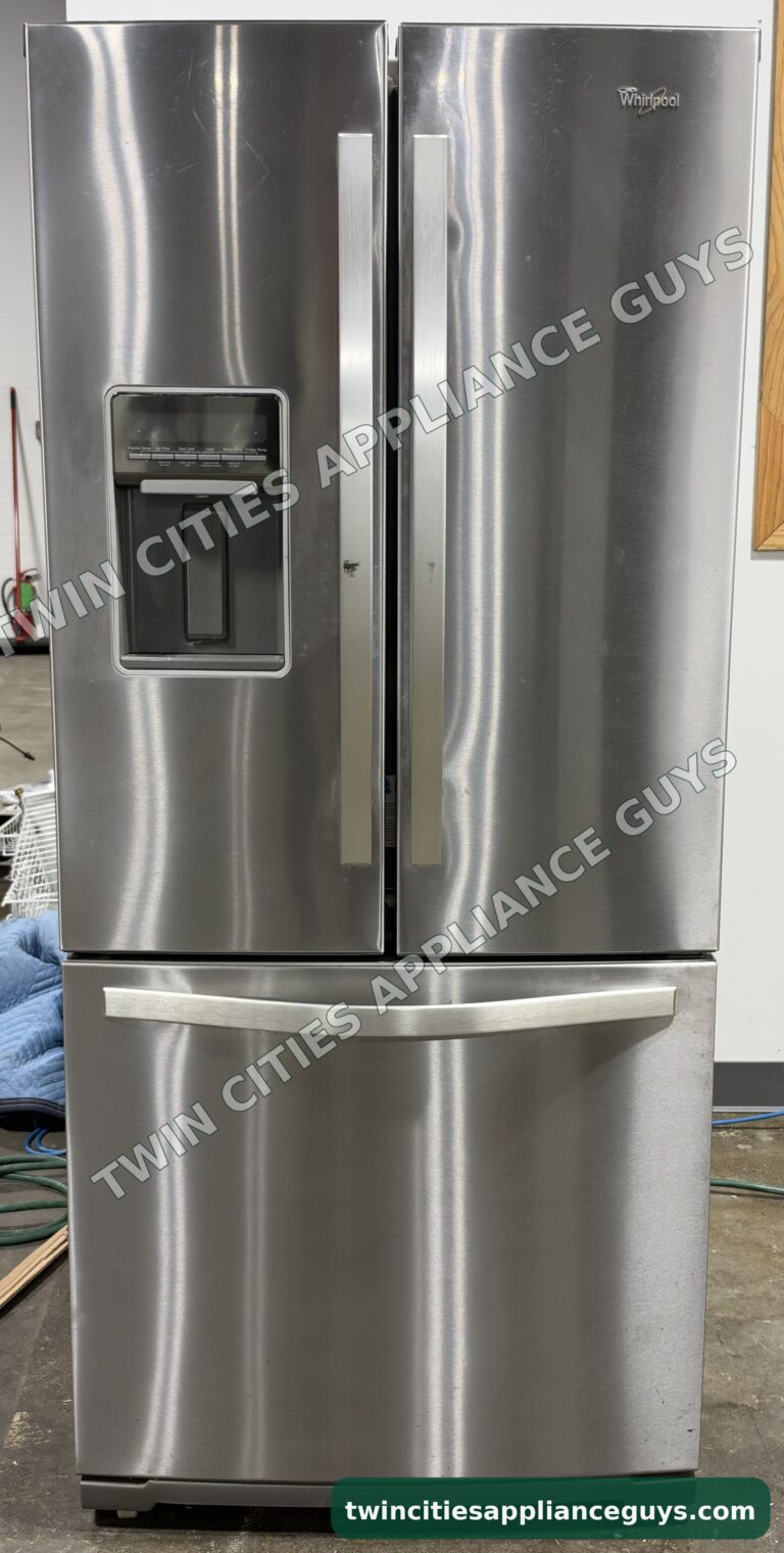 Stainless Whirlpool French door refrigerator, front view with exterior water dispenser and freezer drawer