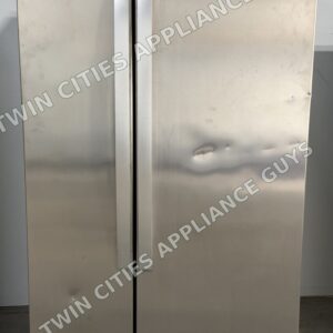 Stainless Whirlpool side-by-side refrigerator front view with both doors closed