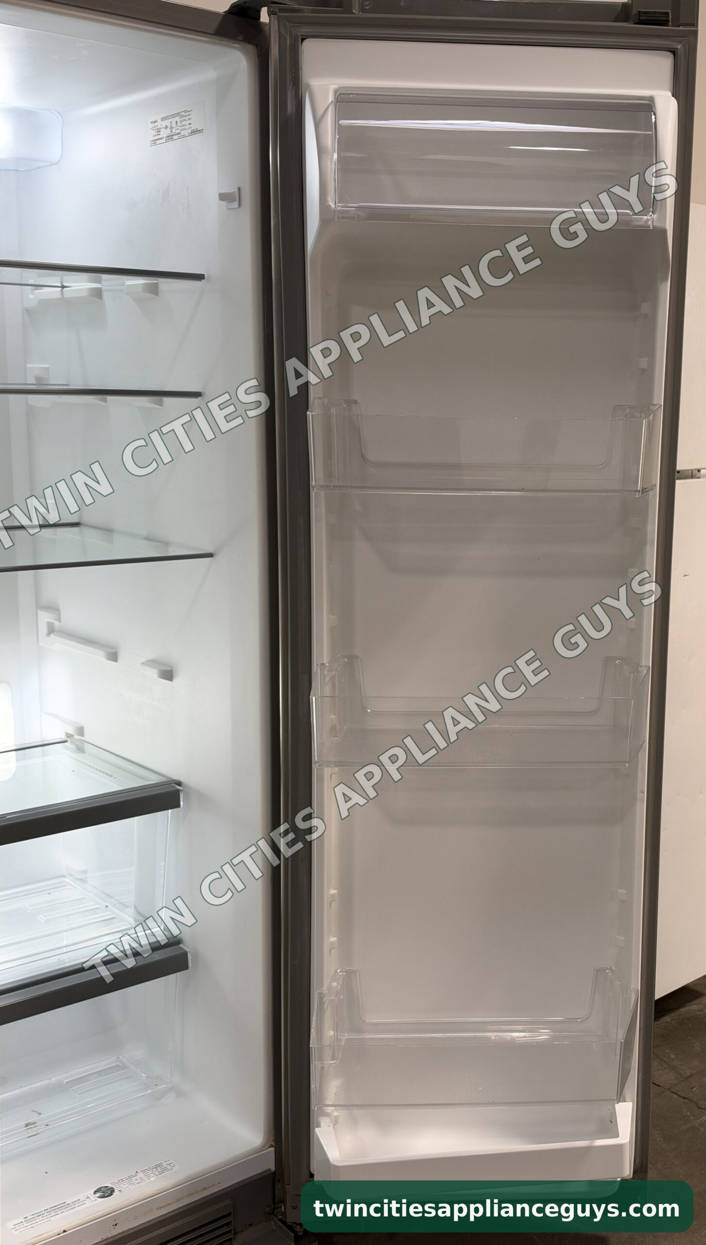 Whirlpool side-by-side refrigerator fresh-food door interior showing the door bins