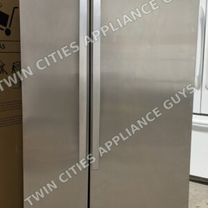 Stainless Whirlpool side-by-side refrigerator, front view with both doors closed