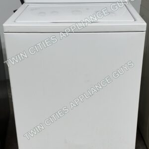 White Whirlpool top-load washer front view with the lid closed