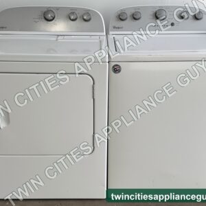 White Whirlpool electric dryer and top-load washer side by side, front view